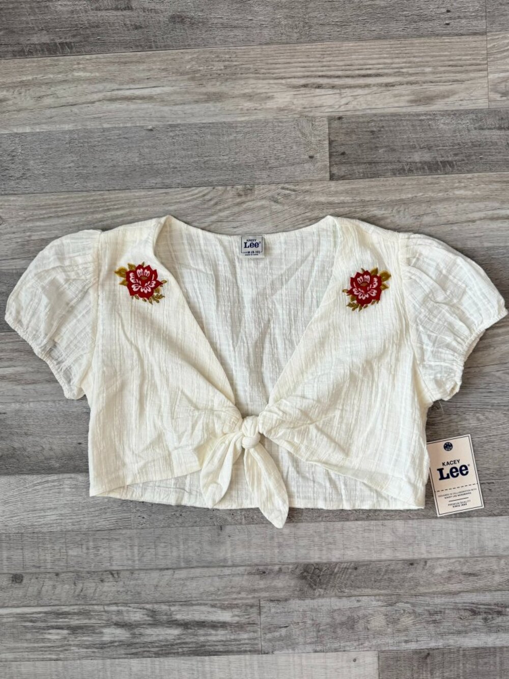 Kacey Lee NWT Ivory Floral Embroidered Tie Front Crop Top A38